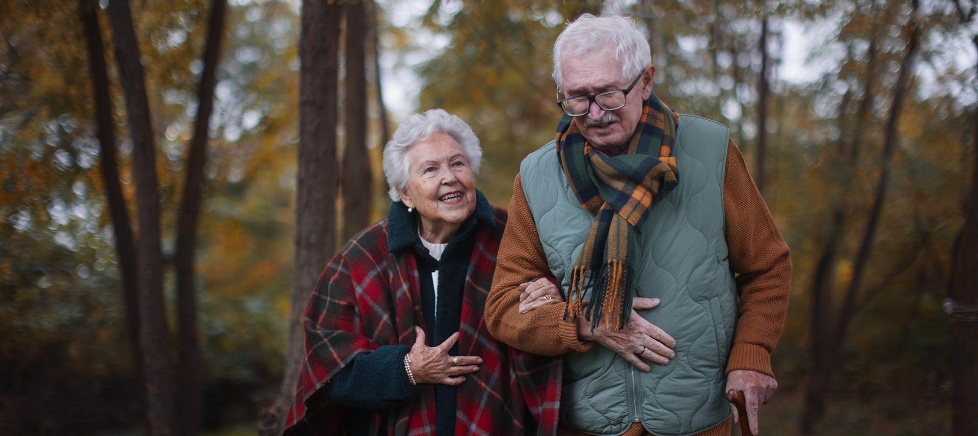 Senior,Couple,Walking,Together,In,Autumn,Forest.